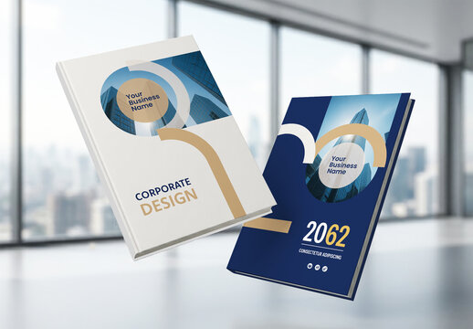 Business Report Cover Template &ndash; Gold and Blue Geometric Layout (A4)
