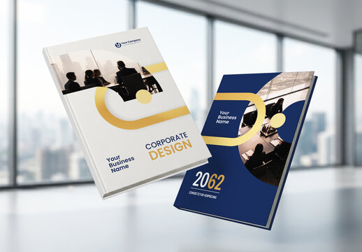 Business Report Cover Template &ndash; Gold and Blue Geometric Layout (A4)
