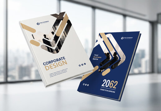Business Report Cover Template &ndash; Gold and Blue Geometric Layout (A4)
