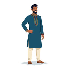 Fototapeta premium Smiling Indian man in traditional blue kurta and cream pants standing confidently