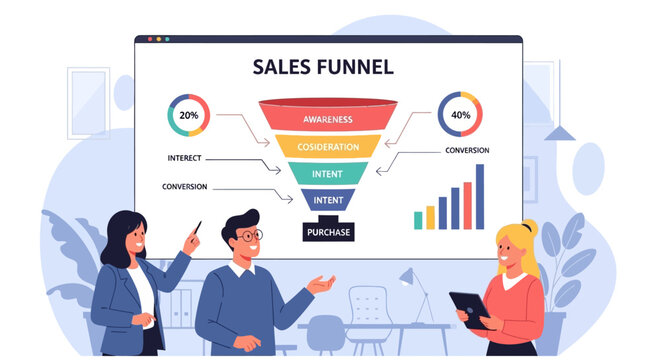 Business team analyzing sales funnel data in modern office