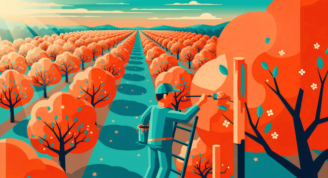 Artist painting orange trees in a vast orchard landscape. Surreal illustration of a worker on a ladder coloring nature. Creative agriculture concept, ideal for environmental marketing.