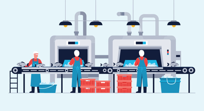 Workers in protective gear handle fish on a conveyor belt within a modern seafood processing factory production line.