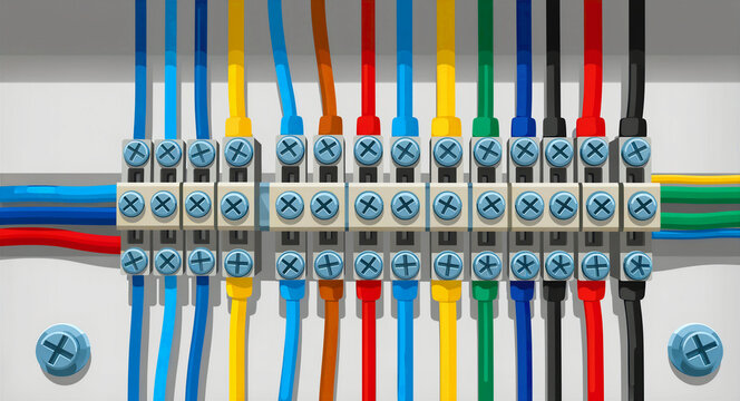 Multi-colored electrical wires connected to a terminal block. Organized cable system secured with screws in a junction box. Industrial engineering concept ideal for technology and safety marketing.