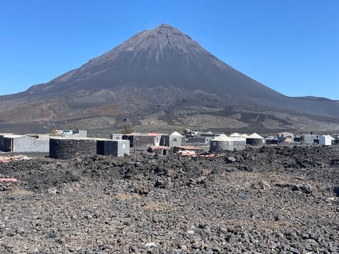Volcano Fogo rising above Portela village in Cha das Caldeiras, Cabo Verde