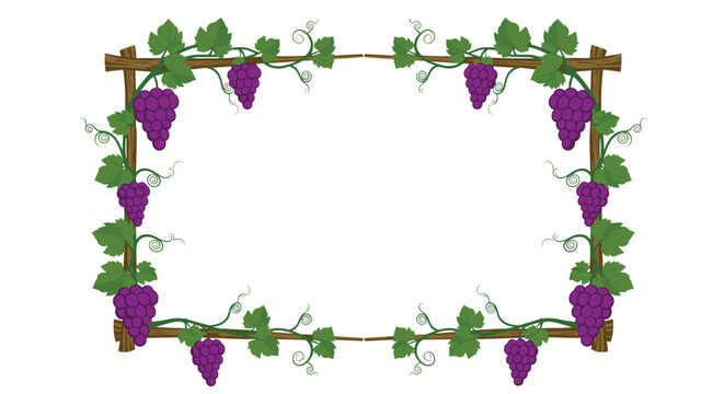 Rectangular frame design composed of wooden branches and trailing grapevines with bunches of ripe purple grapes.