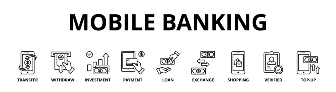 Mobile banking banner web icon vector illustration concept with icon of transfer, withdraw, investment, payment, loan, exchange, shopping, verified and top-up 