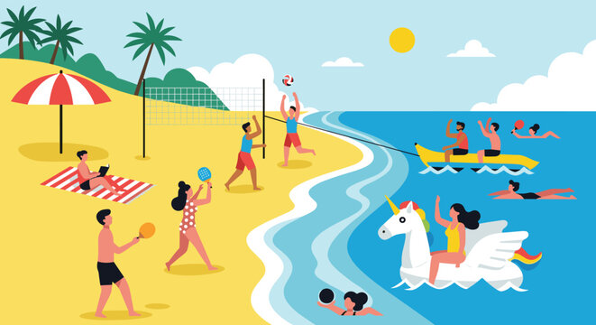 Vibrant summer beach illustration showing people playing volleyball, swimming, relaxing under umbrellas, and riding a unicorn float.