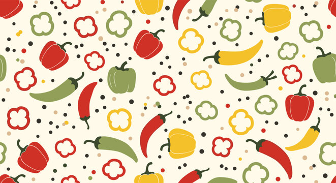 Colorful and vibrant seamless pattern background featuring assorted red, yellow, and green peppers with scattered seeds.