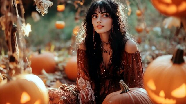 Woman in autumn setting surrounded by pumpkins