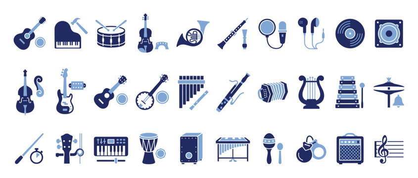 Set of musical instrument and audio device icons for music and sound design projects