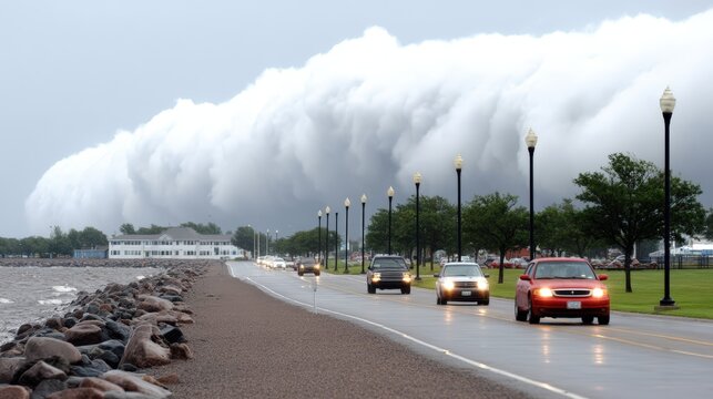 Dramatic shelf cloud approaching coastal road with traffic in motion