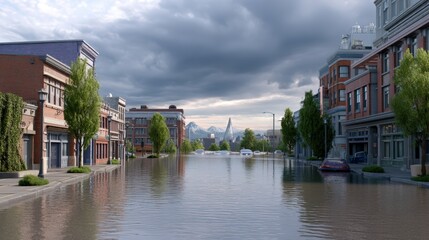 Fototapeta premium Flooded urban city street with brick buildings and stormy sky