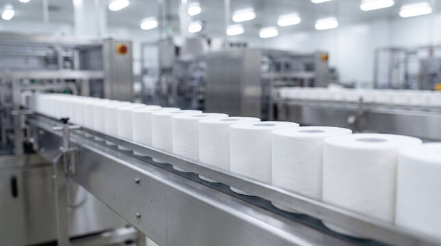 Rows of white toilet paper rolls on an automated conveyor belt in a modern manufacturing factory. High-volume production