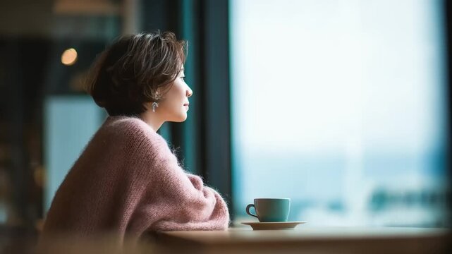 Woman in cozy sweater gazing out caf? window