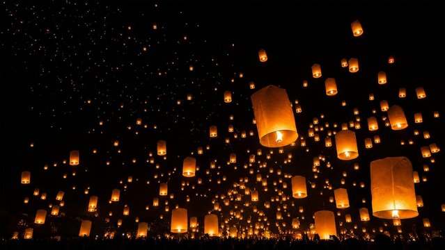 Thousands of Glowing Sky Lanterns Floating in Night Sky during Yi Peng Festival