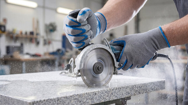 Skilled worker in gloves cutting granite slab with a wet saw and diamond blade for precise stone fabrication
