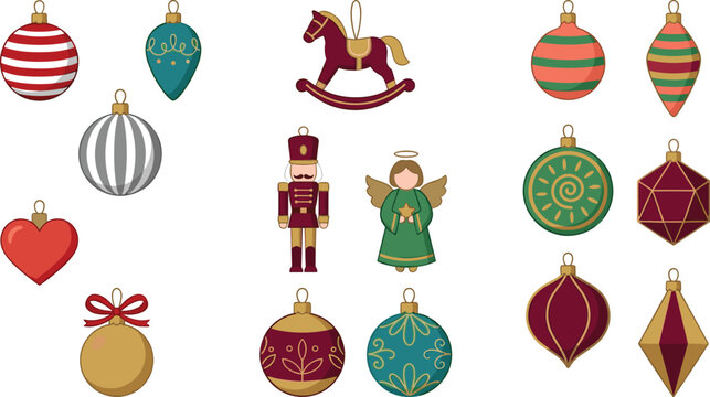 Christmas Ornament Collection with Holiday Baubles Angel Nutcracker and Festive Decoration Vector Illustration Set