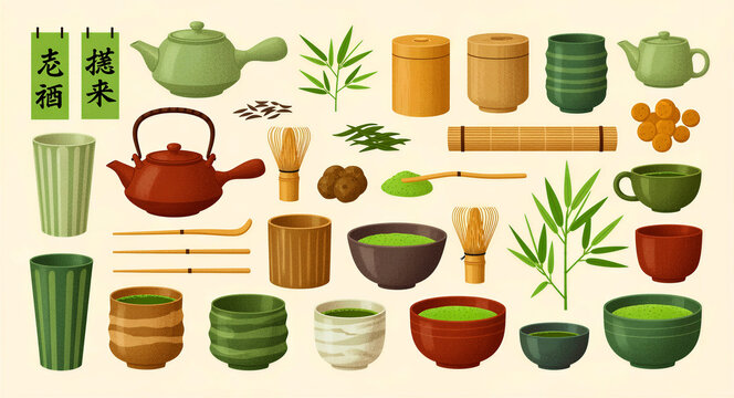 Large collection of traditional Japanese matcha tea ceremony equipment and accessories. Set includes ceramic bowls, bamboo whisks, teapots, and tea leaves. Ideal for cultural and wellness marketing.