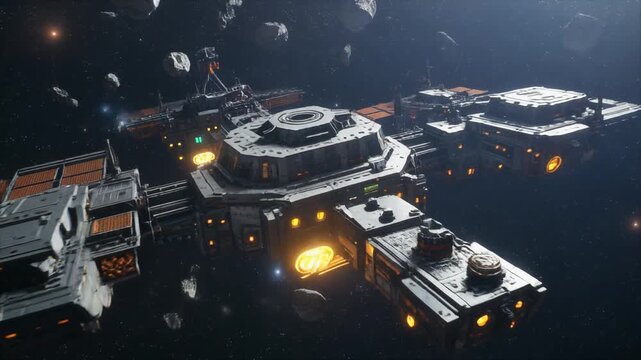 Massive futuristic space station drifting slowly through a dense field of floating rocky asteroid debris