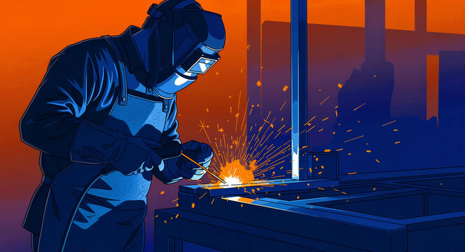Professional welder in protective gear working with a torch. Stylized illustration of metalwork with bright orange sparks in a factory. Industrial manufacturing concept for trade marketing.