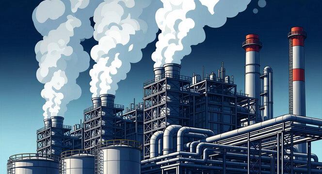 Large industrial refinery emitting smoke into a blue sky. Illustration of power plant facility with pipes and chimneys. Global warming and carbon emissions concept for energy news.