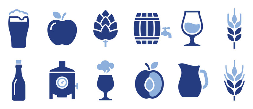 Set of beverage making icons including beer glass hop apple wheat barrel bottle pitcher