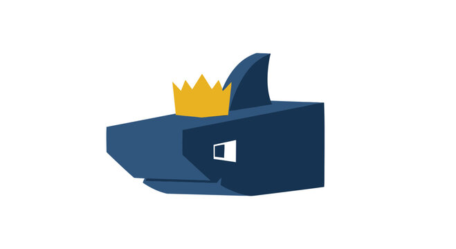 Stylized blue shark wearing a gold crown in geometric design