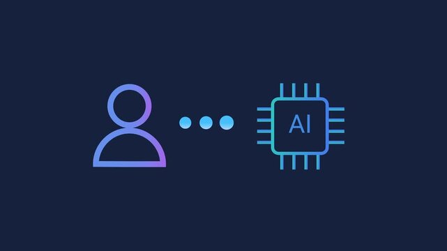 Animated motion graphics showing a simplified person or user profile icon connecting to an AI processor chip. Concept of personalized artificial intelligence and human interaction with tech.