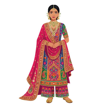 Elegant Indian woman wearing traditional colorful embroidered salwar kameez and jewelry