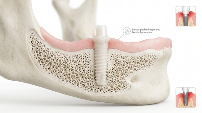 3D Cross-Section of Biocompatible Zirconia Dental Implant in Jawbone