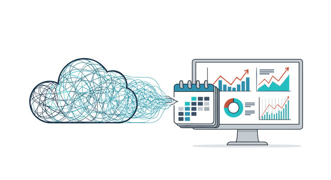Messy cloud of data connects to a computer monitor showing organized business charts for cloud migration and analysis concept.