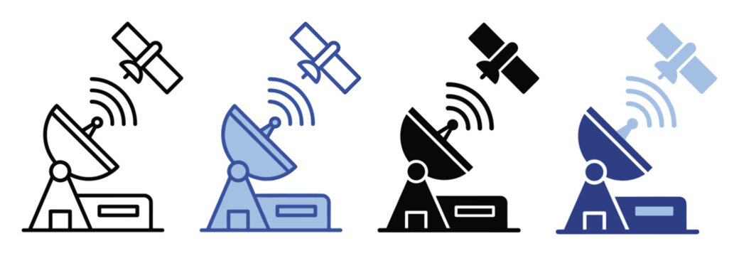 Set of satellite dish and communication icons illustrating global network technology solutions