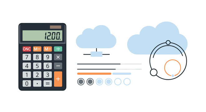 Digital accounting concept shows a calculator next to cloud data charts and progress bars for financial management and budgeting.