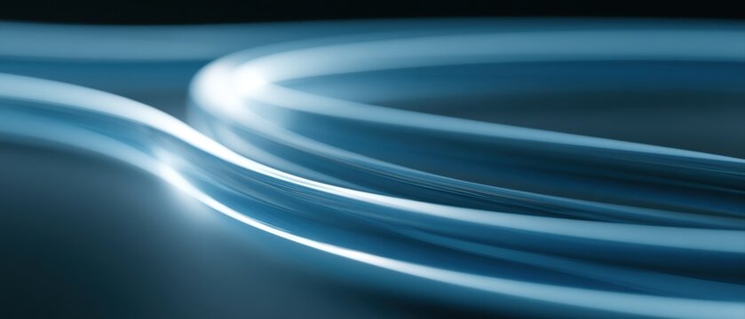 Blue neon reflections bending through curved glass ribbons in abstract cyberpunk environment