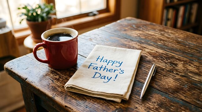 Happy father's day coffee morning with a warm mug and a heartfelt note