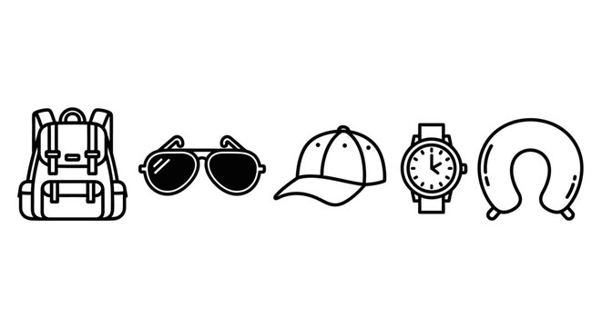 Travel essentials icon set backpack sunglasses hat watch and neck pillow