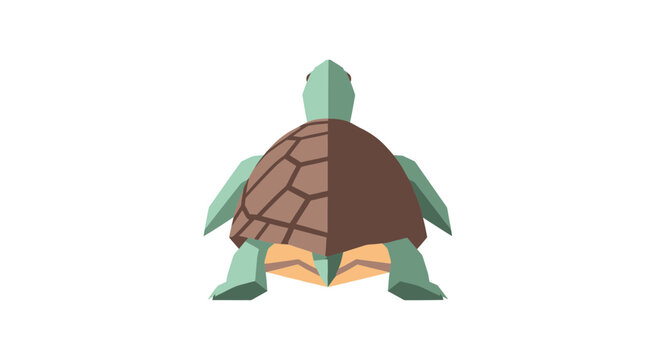 Low poly green turtle with brown shell on white background