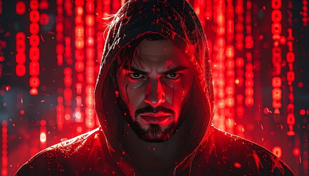 Man in hoodie with red code background.
