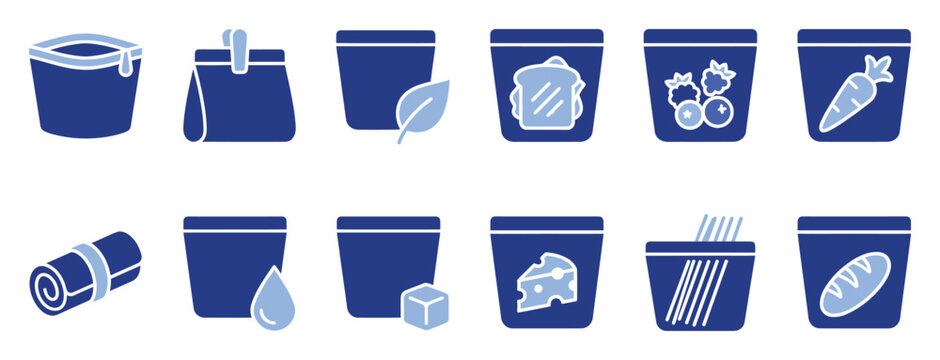 Set of food storage bag icons representing reusable containers for ecofriendly kitchen organization