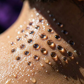Textured skin surface featuring a dense network of luminous moisture droplets under warm golden ligh