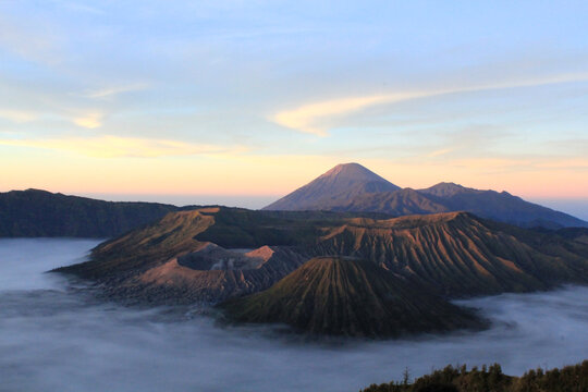 Mount Bromo and Mount Semeru at Sunrise, Volcanic Landscape with Sea of Clouds, East Java Indonesia