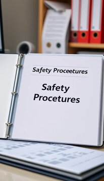 Empty white binder with label "Safety Procedures" on a desk, empty, procedures