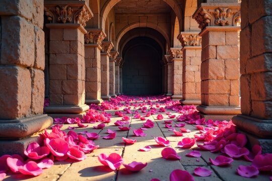 Delicate rose petals unfold on ancient stone walls , architecture, garden