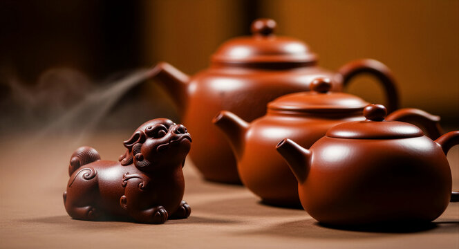 Traditional Chinese clay teapots with a lion tea pet. Steam rises from a Zisha pot during a Gongfu tea ceremony. Zen culture concept for wellness, Asian heritage, and tea house promotion.