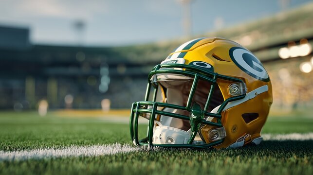 Green bay packers football helmet sitting on the field at a stadium