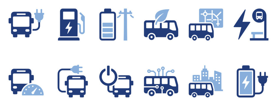 Set of electric bus and charging station icons for sustainable urban public transport.