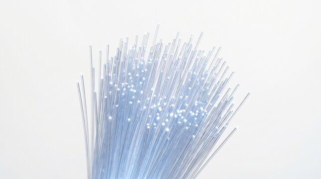 Fiber optic cable bundle with glowing light tips isolated on clean white background, high speed internet data transfer technology 3D render illustration