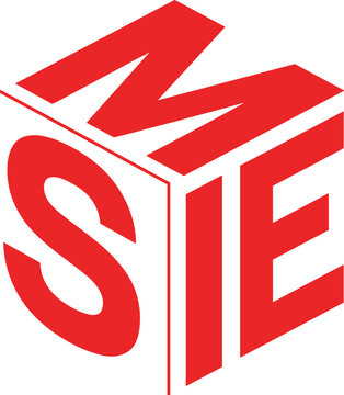 Isometric red logo monogram with letters M S E on cube facets, bold geometric 3D typography for corporate branding, professional identity design graphic element.