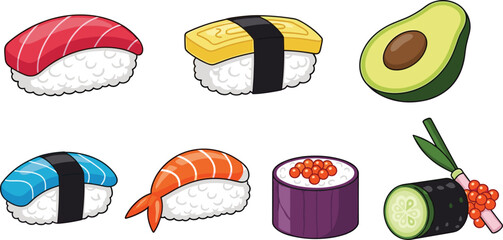 Sushi and Japanese Food Vector Set Featuring Nigiri, Maki Rolls, Shrimp, Tuna, Tamago, Avocado, Cucumber, and Fish Roe Icons © MdMojnu